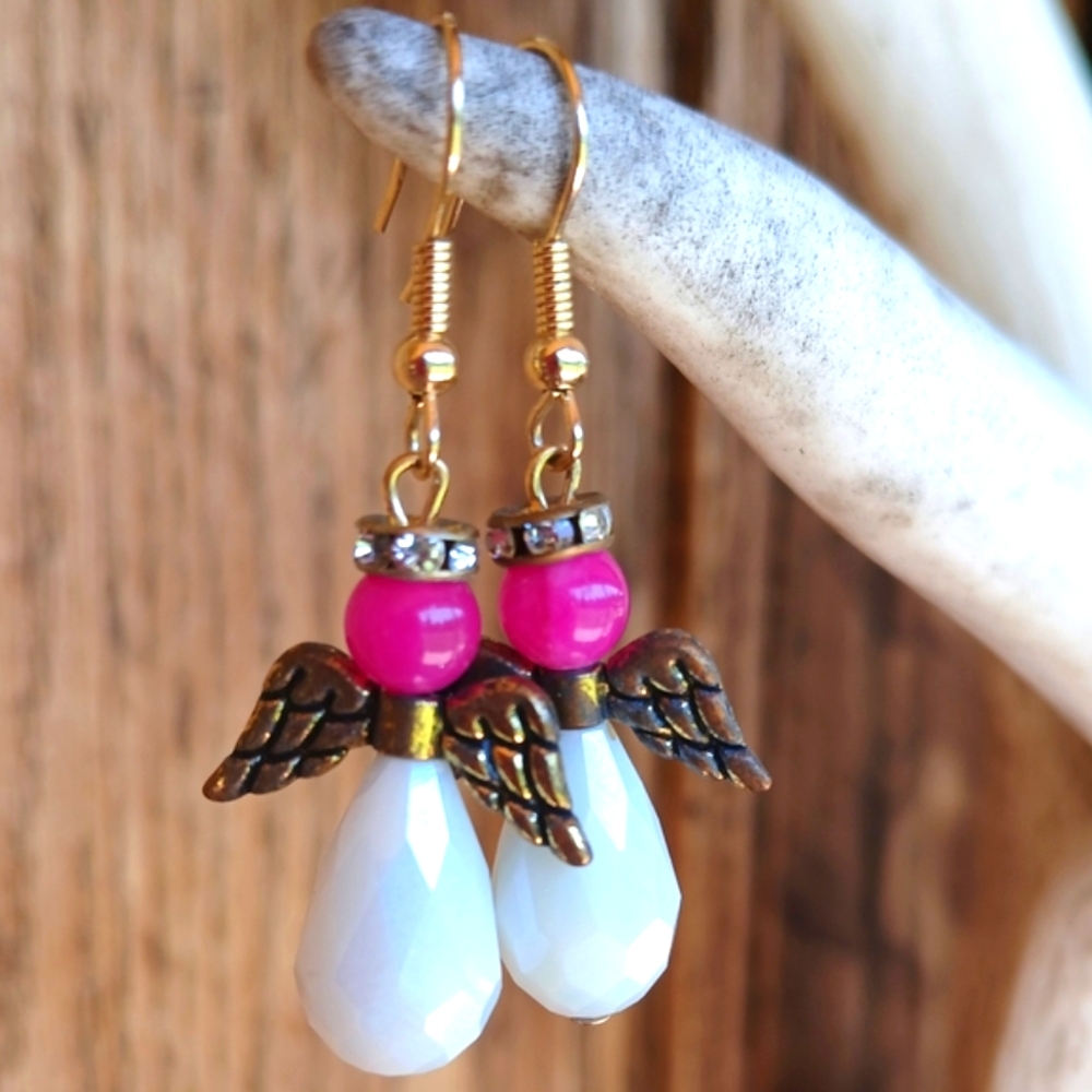 ANGEL EARRINGS Handcrafted Rhinestone Crown Angel Wings Punk White Cut Glass